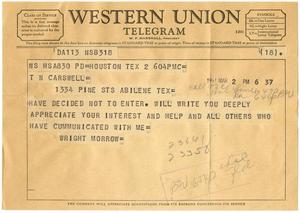 Primary view of object titled '[Telegram from Wright Morrow to T. N. Carswell - March 2, 1957]'.