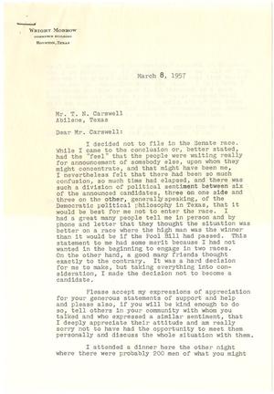 Primary view of [Letter from Wright Morrow to T. N. Carswell - March 8, 1957]