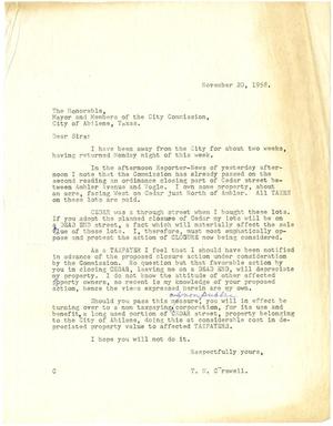 [Letter from T. N. Carswell addressed to The Mayor and Members of the City Commission, City of Abilene, Texas - November 20, 1958]
