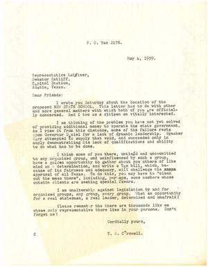 [Letter from T. N. Carswell to Representative Truett Latimer and Senator David Ratliff - May 4, 1959]