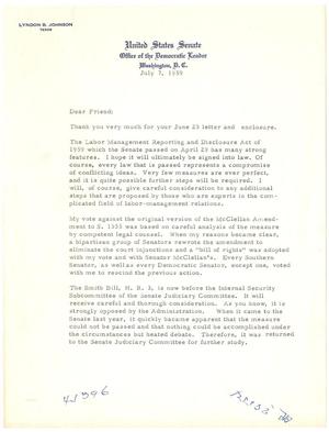 Primary view of object titled '[Letter from Senator Lyndon B. Johnson to T. N. Carswell - July 7, 1959]'.