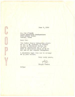Primary view of object titled '[Letter from Virgil Musick to Mr. Pat O'Keefe - June 4, 1964]'.
