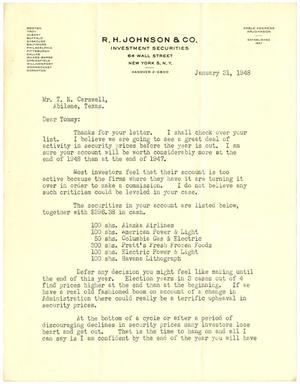 Primary view of object titled '[Letter from R. H. Johnson to T. N. Carswell - January 31, 1948]'.