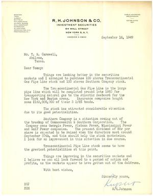 [Letter from R. H. Johnson to T. N. Carswell - September 16, 1949]
