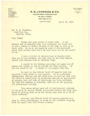 [Letter from R. H. Johnson to T. N. Carswell - April 16, 1952]