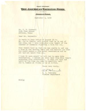 [Letter from R. L. Holcombe to T. N. Carswell - September 3, 1952]