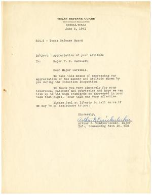 [Letter from Major Arthur B. Knickerbocker to Major T. N. Carswell - June 5, 1941]
