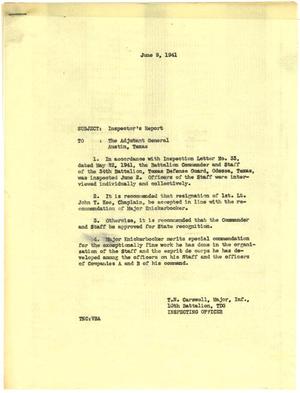 [Letter from Major T. N. Carswell to The Adjutant General, Austin, Texas - June 9, 1941]