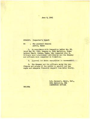 [Letter from Major T. N. Carswell to The Adjutant General, Austin, Texas - June 9, 1941]