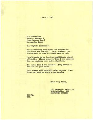 [Letter from Major T. N. Carswell to Captain W. B. Groseclose - July 1, 1941]