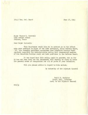 [Letter from Lieutenant Colonel Neill H. Banister to Major Thomas N. Carswell - June 17, 1941]