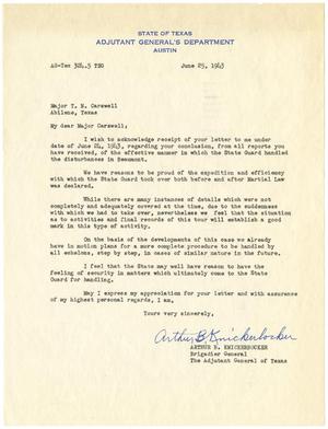 [Letter from Brigadier General Arthur B. Knickerbocker to Major T. N. Carswell - June 25, 1943]