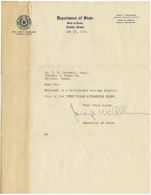 [Letter from Jane Y. McCallum to T. N. Carswell - July 17, 1931]