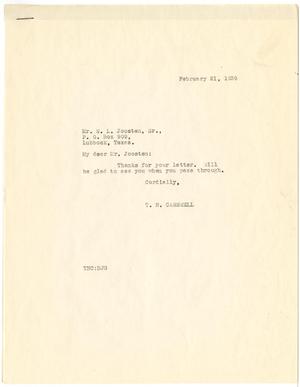 Primary view of object titled '[Letter from T. N. Carswell to W. L. Joosten, Sr. - February 21, 1939]'.