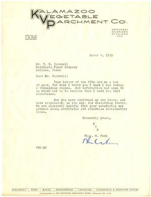 [Letter from Thos. W. Peck to T. N. Carswell - March 4, 1939]