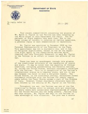 [Reply letter from Department of State, Washington to T. N. Carswell - July 1, 1946]