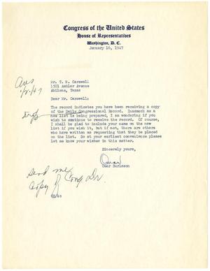 [Letter from Representative Omar Burleson to T. N. Carswell - January 16, 1947]