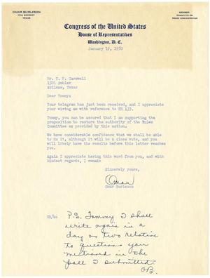Primary view of object titled '[Letter from Representative Omar Burleson to T. N. Carswell - January 19, 1950]'.