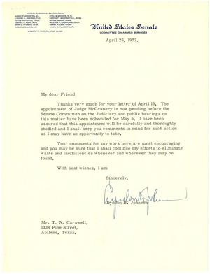 [Letter from Senator Lyndon B. Johnson to T. N. Carswell - April 26, 1952]