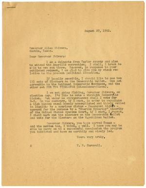 [Letter from T. N. Carswell to Governor Allan Shivers - August 27, 1952]