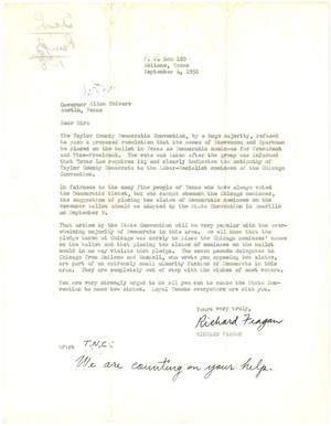 [Letter from Richard Feagan to Governor Allan Shivers, copy to T. N. Carswell - September 4, 1952]