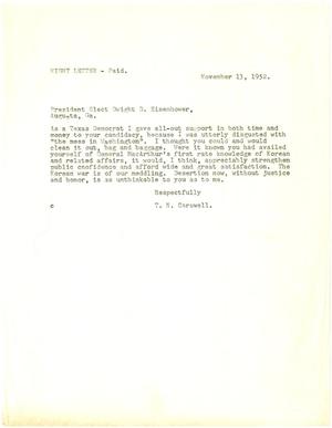 Primary view of object titled '[Letter from T. N. Carswell to President-elect Dwight D. Eisenhower - November 13, 1952]'.