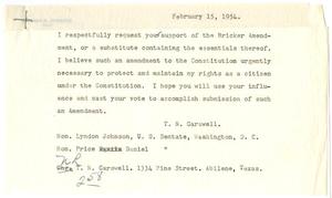 [Wired correspondence from T. N. Carswell to Senator Lyndon Johnson and Senator Price Daniel - February 15, 1954]