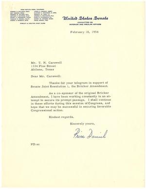 [Letter from Senator Price Daniel to T. N. Carswell - February 18, 1954]