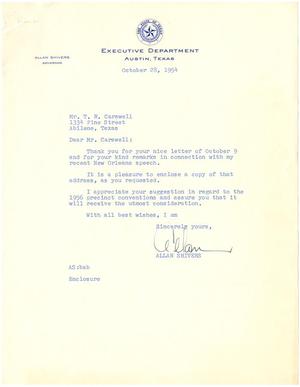 [Letter from Governor Allan Shivers to T. N. Carswell - October 28, 1954]