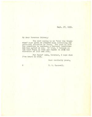 [Letter from T. N. Carswell to Governor Shivers - September 27, 1955]