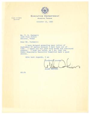 [Letter from Governor Allan Shivers to T. N. Carswell - October 13, 1955]