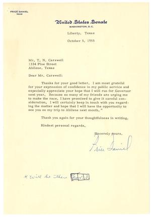 Primary view of object titled '[Letter from Price Daniel to T. N. Carswell - October 5, 1955]'.