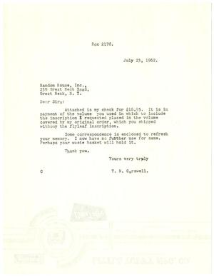 Primary view of object titled '[Letter from T. N. Carswell to Random House, Inc. - July 23, 1962]'.