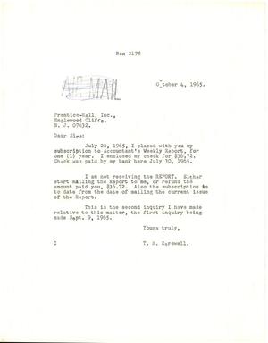 Primary view of object titled '[Letter from T. N. Carswell to Prentice-Hall, Inc. - October 4, 1965]'.