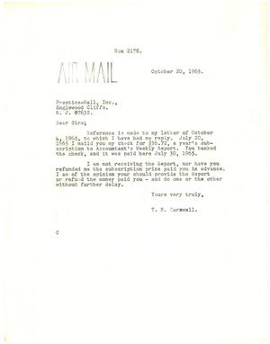 Primary view of object titled '[Letter from T. N. Carswell to Prentice-Hall, Inc. - October 20, 1965]'.