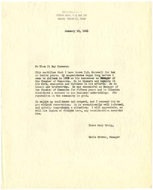 [Letter of reference written by Merle Gruver for T. N. Carswell - January 10, 1941]