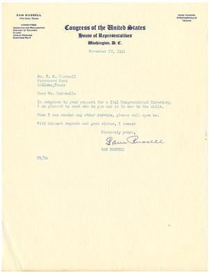 [Letter from Representative Sam Russell to T. N. Carswell - November 17, 1941]