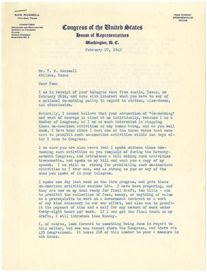 [Letter from Representative Sam Russell to T. N. Carswell - February 27, 1943]
