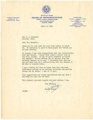 [Letter from Representative Harley Sadler to T. N. Carswell - April 2, 1945]