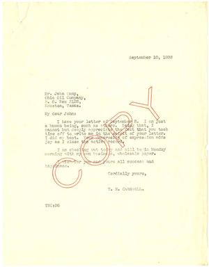 [Letter from T. N. Carswell to John Camp - September 10, 1938]