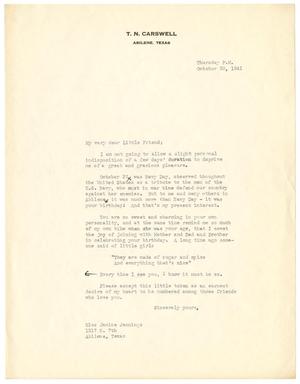 [Letter from T. N. Carswell to Miss Janice Jennings - October 30, 1941]