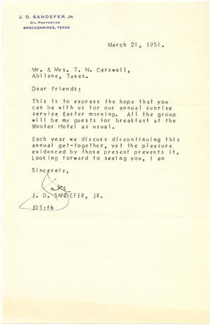 Primary view of object titled '[Letter from J. D. Sandefer, Jr. to T. N. Carswell - March 21, 1951]'.