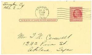 [Postcard from Mrs. J. O. Curry addressed to T. N. Carswell - September 15, 1952]