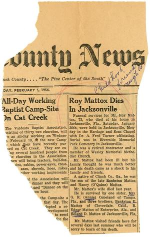 Primary view of object titled '[Clipping: Roy Mattox Dies in Jacksonville]'.