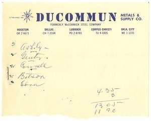 [List of names written on business advertising paper for Ducommun Metals & Supply Co. formerly McCormick Steel Company.]