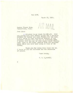 Primary view of object titled '[Letter from T. N. Carswell to Rester Flower Shop - March 20, 1959]'.
