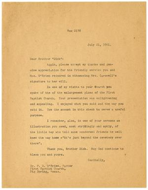 [Letter from T. N. Carswell to P. D. O'Brien - July 21, 1961]