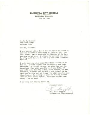 Primary view of object titled '[Letter from Mrs. Pearl Baggett to T. N. Carswell - June 14, 1965]'.