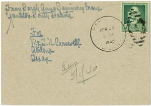 Primary view of object titled '[Postcard from Sarah Anna Simmons Crane addressed to T. N. Carswell - April 27, 1940]'.