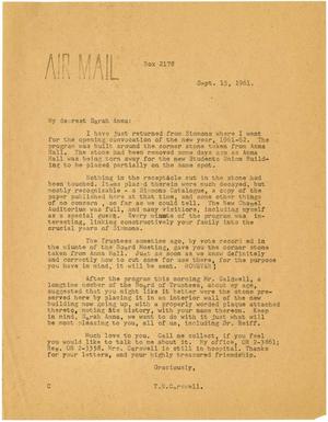 [Letter from T. N. Carswell to Sarah Anna Simmons Crane - September 15, 1961]